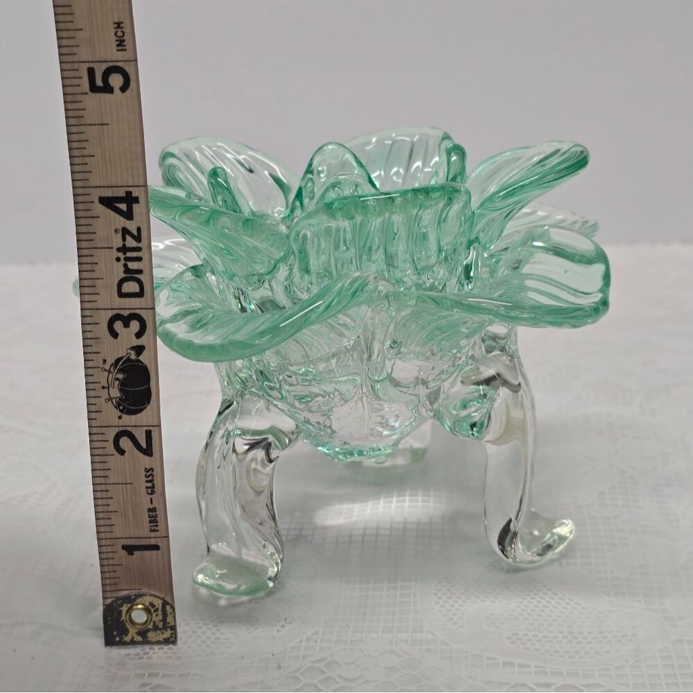 Vintage Teal Recycled Glass Footed Lotus Flower Candle Holder Art Deco Boho - Picture 10 of 11